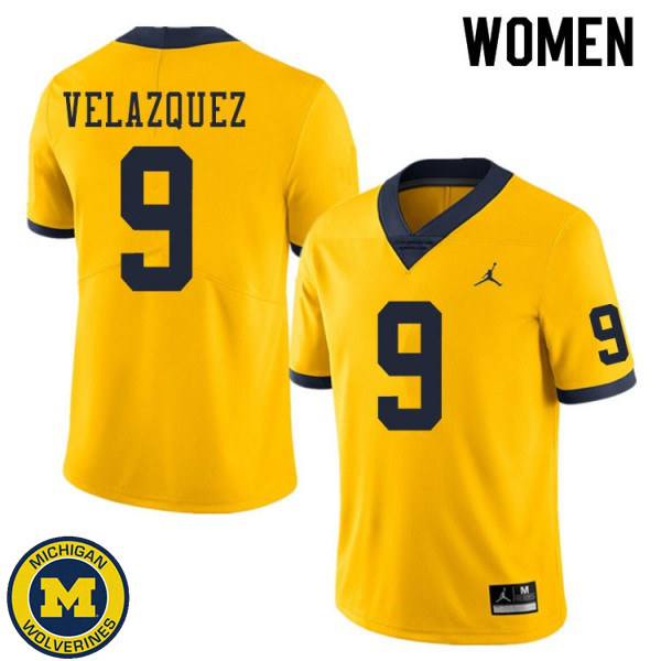 Womens Michigan Wolverines #9 Joey Velazquez Yellow Football Jersey